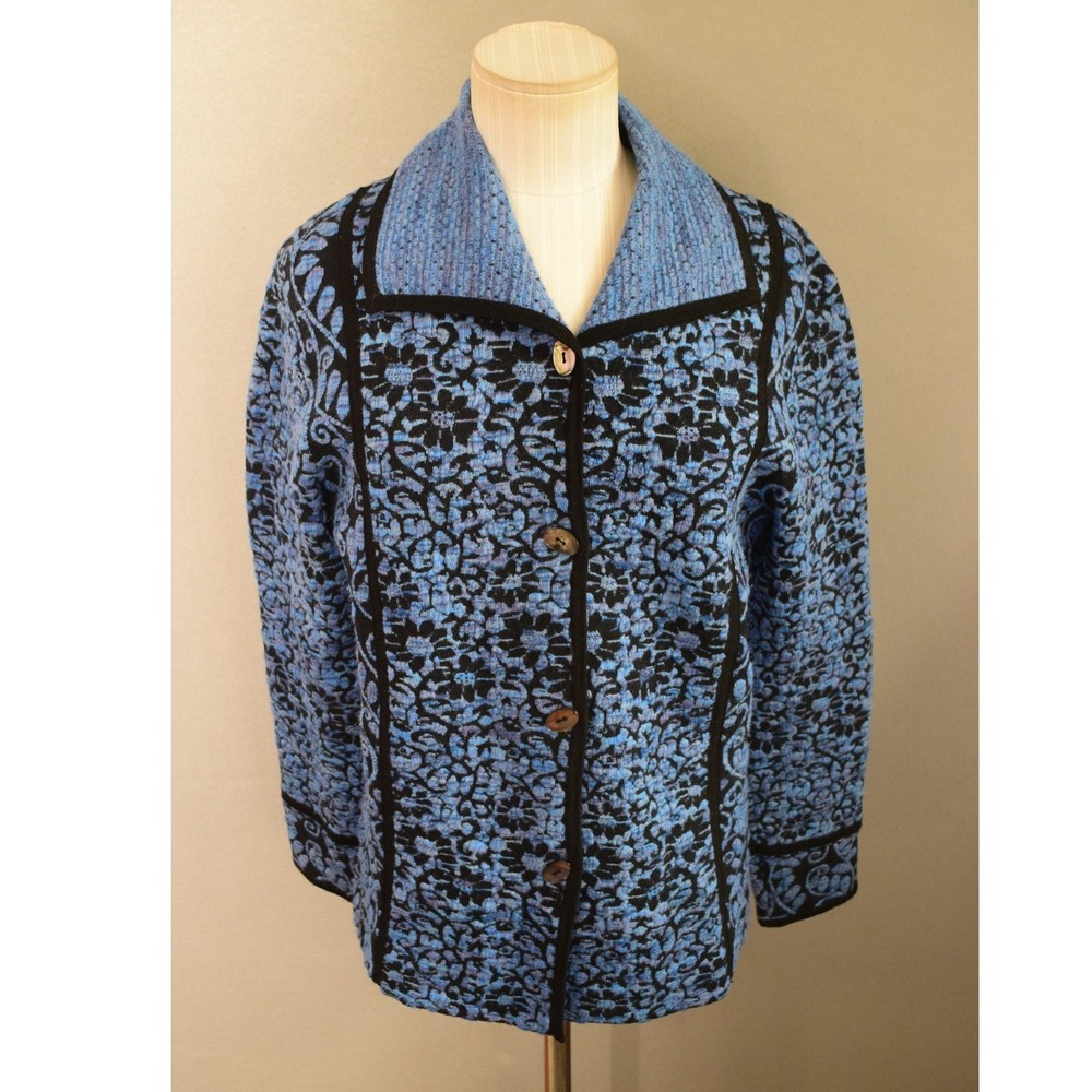 Icelandic Design Cardigan Sweater Medium Blue Black Floral Wool Blend Nordic